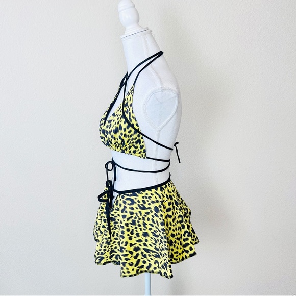 McEwan Studio Yellow & Black Leopard Print Triangle Top & Tie Skirt Rave Set - Picture 2 of 11